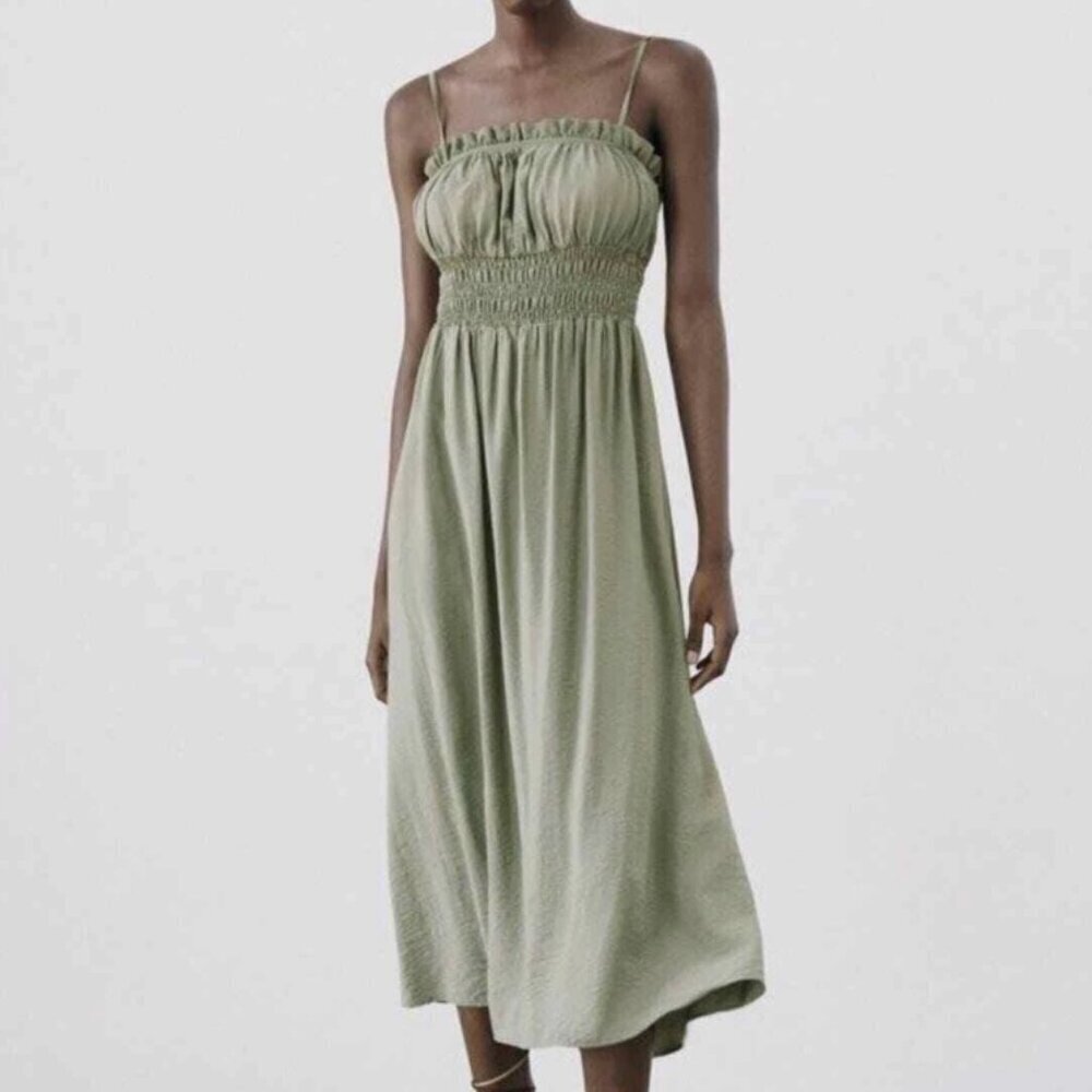 Zara Open Elastic Ruffle Back Spaghetti Strap Midi Dress Green Size Large
